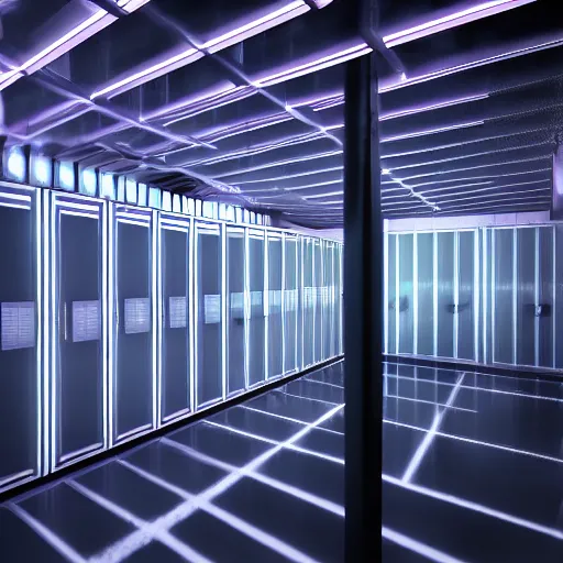 Image similar to synthwave server room, eerie, dark, very dark, movie still