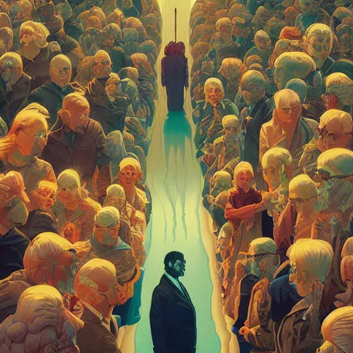 Prompt: poster artwork by Michael Whelan and Tomer Hanuka, Karol Bak of collective satori in a huge crowd, visual representation of collective consciousness, from scene from Twin Peaks, clean, simple illustration, nostalgic, domestic, full of details