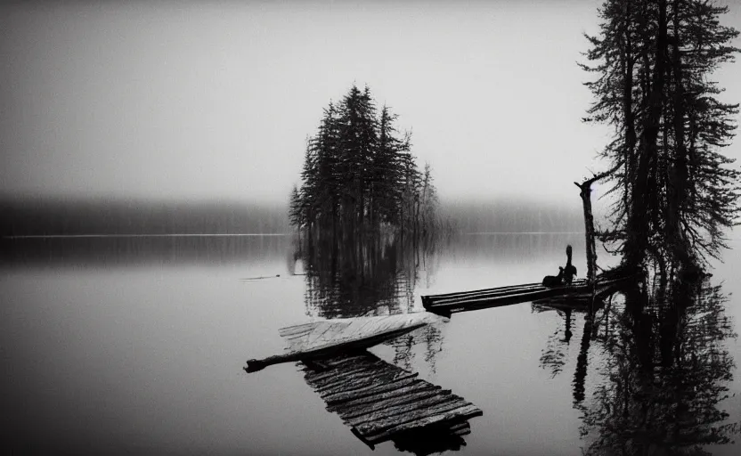 Image similar to baba yaga, lake by Jakub Rozalski, lomography photo, blur, unfocus, monochrome