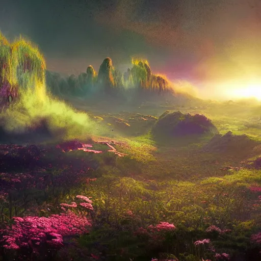 Image similar to landscape of an alien planet, beautiful, atmosphere, vibe, mist, esotic flowers, strange animals, alien plants, concept art illustration, color page, tone mapping, volumetric lighting, sunbeams, particles