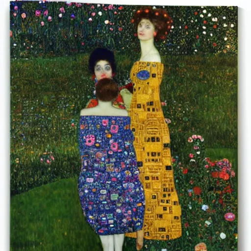 Prompt: a portrait of two beautiful sisters in a scenic environment by gustav klimt