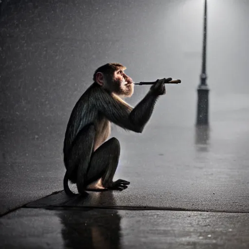 Image similar to contre - jour photo of a monkey smoking a cigarette on a bridge at night under rain, lightened by street lamps, award winning photography