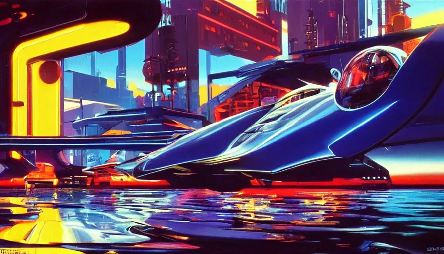 Image similar to Retro futuristic vehicle in a colorful urban landscape, neon lights reflecting in water, sci-fi concept art, by Syd Mead, highly detailed, oil on canvas