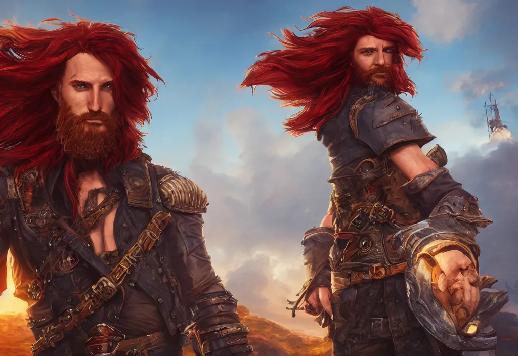 Image similar to character sheet : an epic fantasy comic book style portrait painting of a long haired, red headed male sky - pirate in front of an airship, unreal 5, daz, hyperrealistic, octane render, cosplay, rpg portrait, dynamic lighting