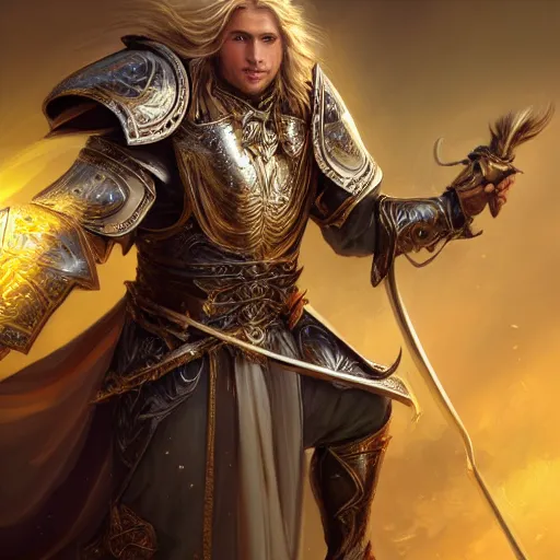 Prompt: Full body shot of beautiful male cleric with long flowing blonde hair wearing burnished bronze armour emblazoned with a swan on the breastplate. Wielding a magical scimitar embossed with the phases of the moon. Magic, bright divine lighting, flux. High fantasy, digital painting, HD, 4k, detailed by Ruan Jia