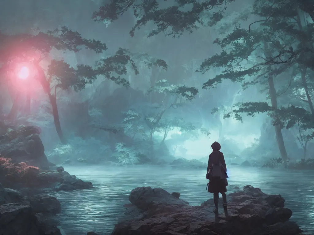 Prompt: elemental monster hunting of foggy river. vaporwave, unreal engine, greg rutkowski, makoto shinkai and lois van baarle, ilya kuvshinov, global illumination, detailed and intricate environment. hyperrealistic, volumetric lighting. epic cinematic shot, perfectly defined features, ambient occlusion