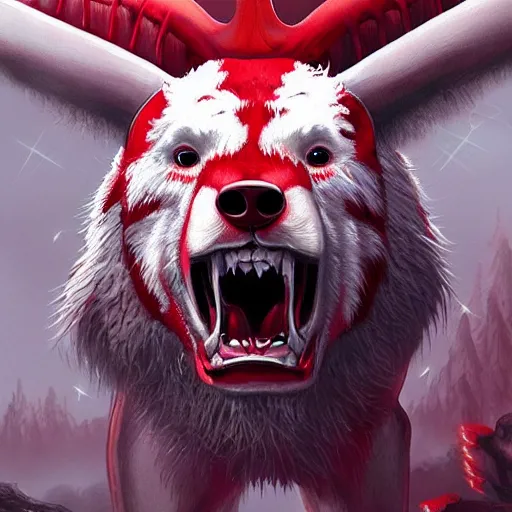 Prompt: a red and white bear with horns, stunning artwork, artstation, hyper - detailed digital art, fear, anguish, menacing,