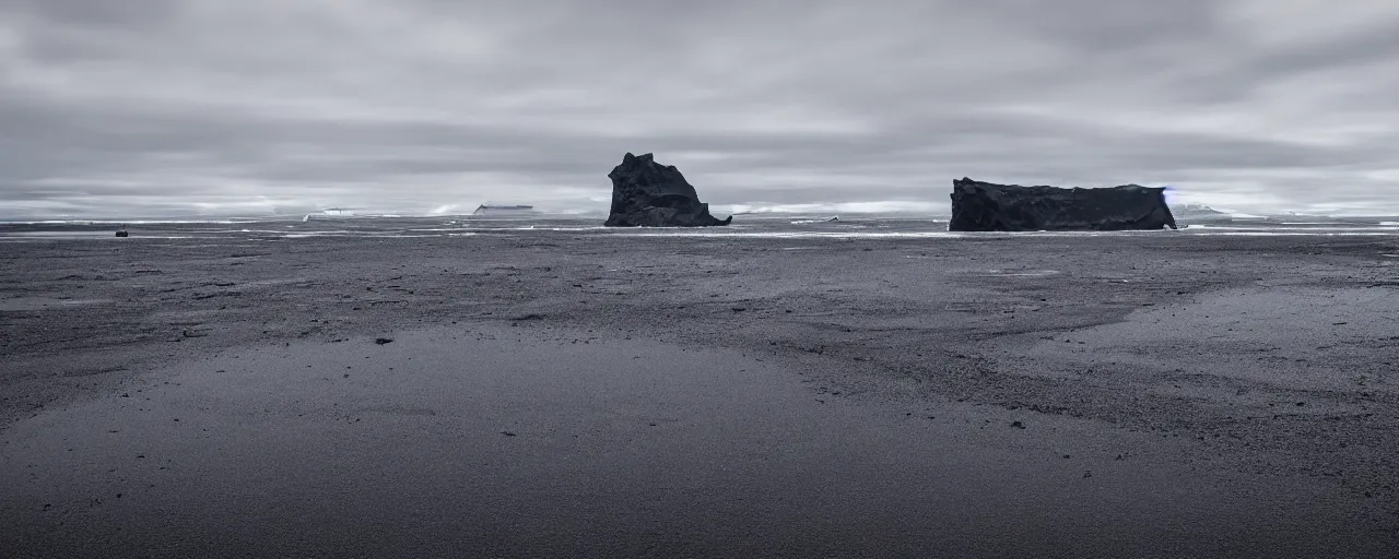 Image similar to cinematic shot of giant futuristic military spacecraft in the middle of an endless black sand beach in iceland with icebergs in the distance,, 2 8 mm