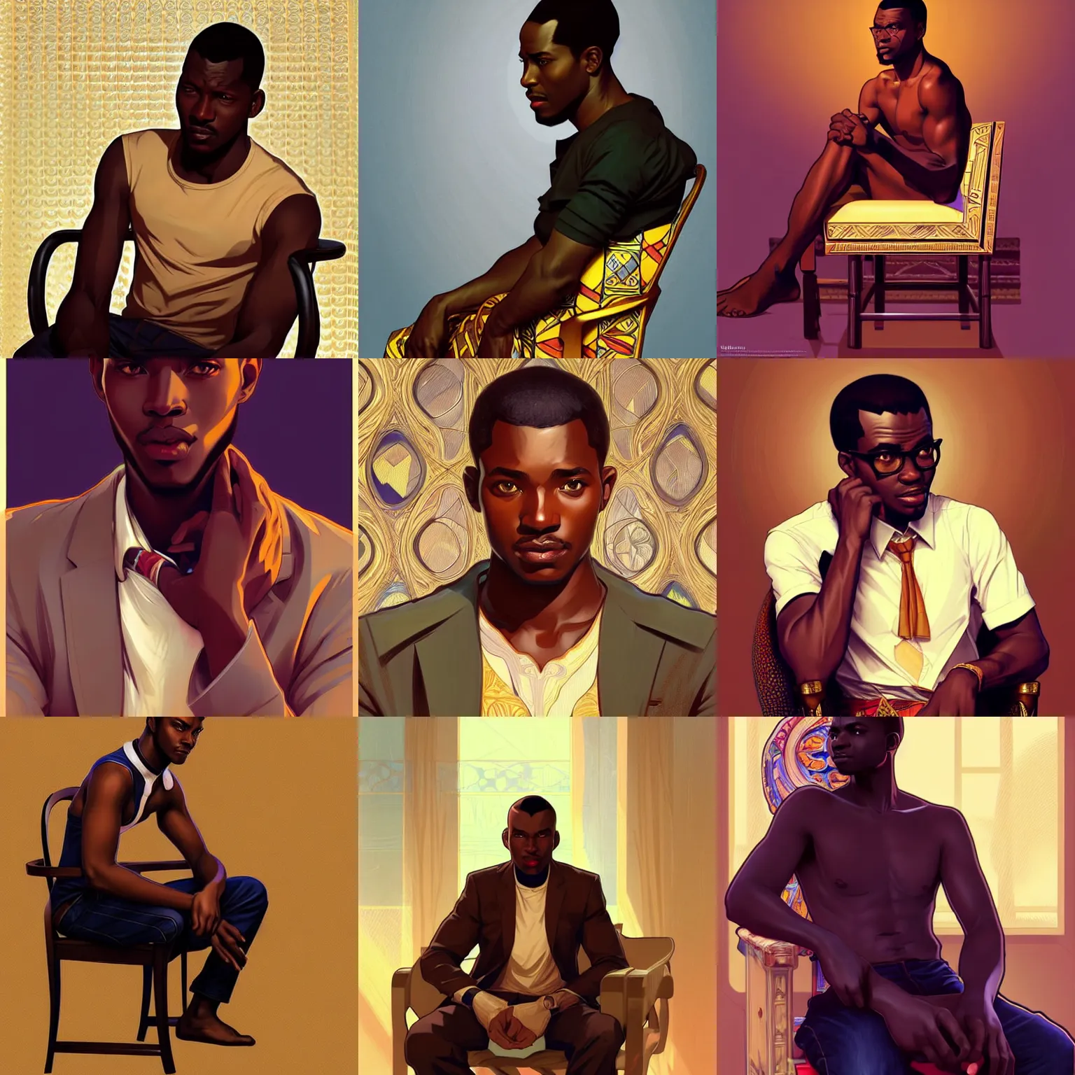 Prompt: handsome african man sitting in a chair. highly detailed, digital painting, artstation, concept art, smooth, sharp focus, illustration, art by artgerm and alphonse mucha, high definition digital art, in the style of ilya kuvshinov and Ross tran