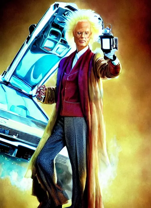 Prompt: formal portrait of beautiful tilda swinton as doc brown from back to the future. digital art by eugene de blaas, ross tran, and nasreddine dinet, vibrant color scheme, intricately detailed, in the style of romanticism, cinematic, delorean background, artstation, greg rutkowski