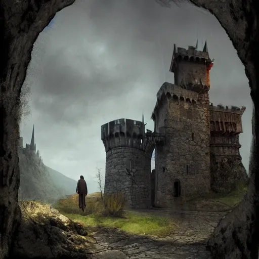 Image similar to man standing at the entranceway to dracula's castle, stone walls, large wooden door, gothic horror, victorian, photorealistic, hyperdetailed, matte painting, concept art