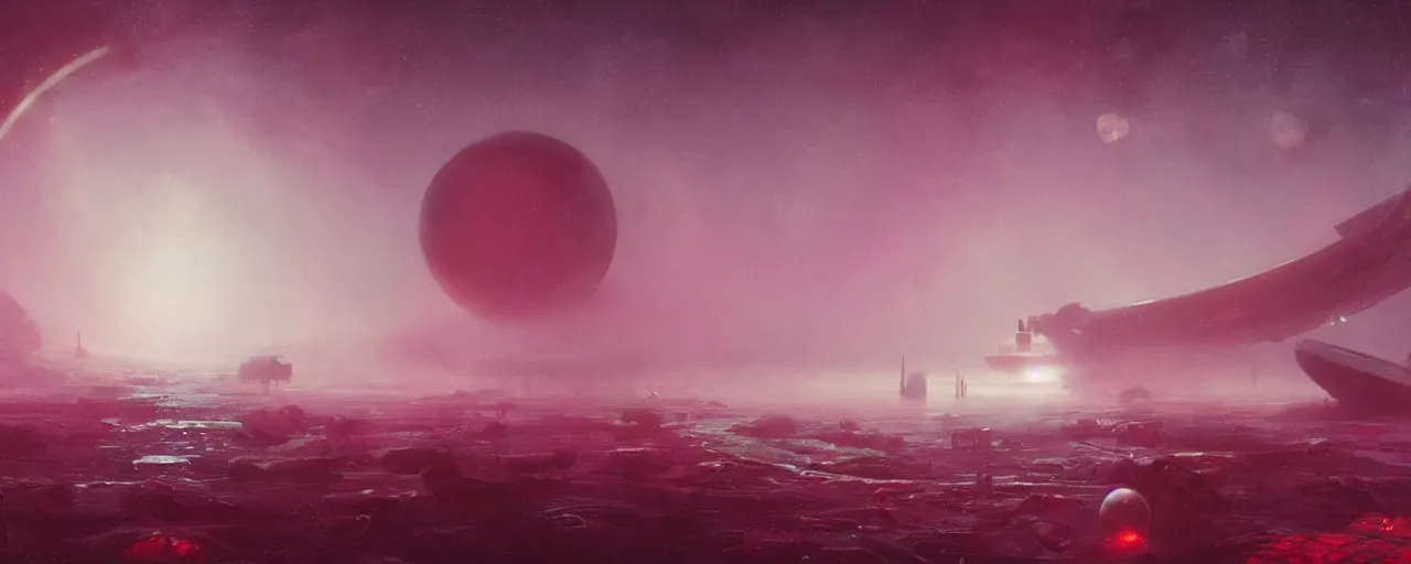 Image similar to ” outer planet with thick fog and distant spaceship dock, [ cinematic, detailed, epic, widescreen, opening, establishing, mattepainting, photorealistic, realistic textures, octane render, art by paul lehr ] ”