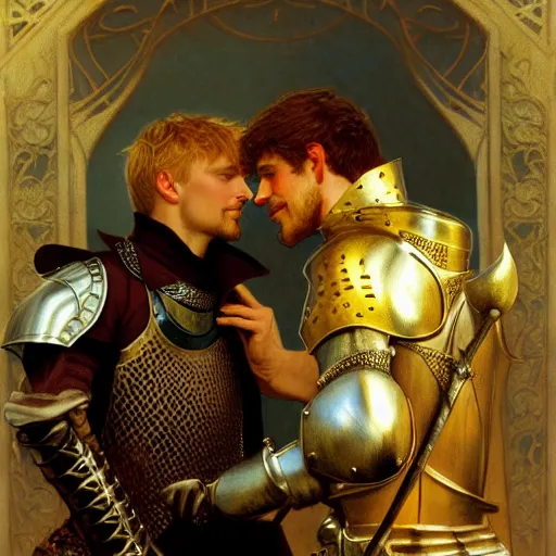 Image similar to attractive arthur pendragon and his attractive male knight, they are in love, natural lighting, path traced, highly detailed, high quality, digital painting, by gaston bussiere, craig mullins, alphonse mucha j. c. leyendecker