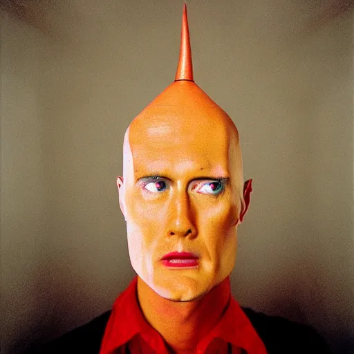 Prompt: conehead max headroom, analog surrealism photography