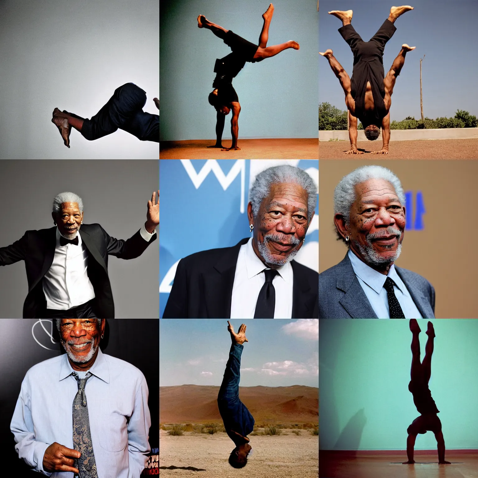 Prompt: morgan freeman doing a handstand, looking at the camera