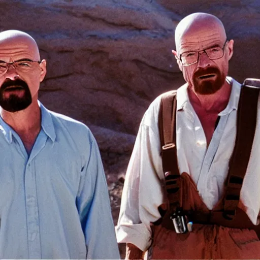 Prompt: Jesus and walter white holding ziploc bags of crystal blue meth, in the desert, film still, 4k, photorealistic, hd