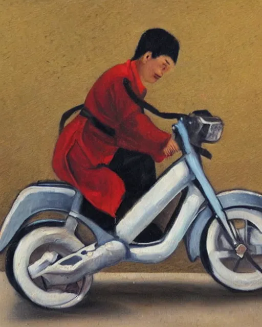 Image similar to asian school boy riding moped, aged oil painting by mai trung thu