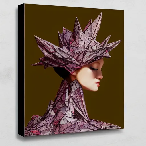 Image similar to 3 / 4 view of a beautiful girl wearing an origami!! dress, ground - level medium shot, elegant, by eiko ishioka, givenchy, philippe druillet, by peter mohrbacher, centered, fresh colors, origami, fashion, detailed illustration, vogue, high depth of field, japanese, reallusion character creator