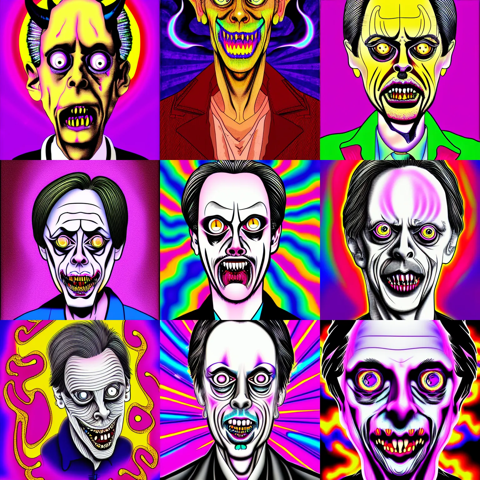 Prompt: an intricate digital art of steve buscemi poorly disguised as a demon in the style of junji ito and lisa frank