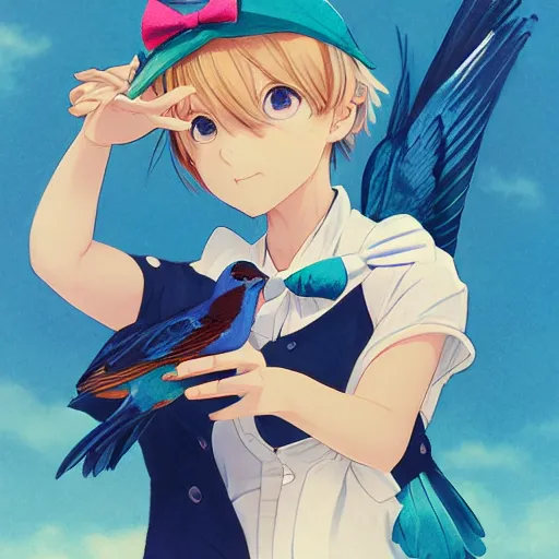 Image similar to colored pencil, anime art, beautiful full body female pinup girl, she is holding an indigo bunting bird, in her hand, the bird is wearing a bowtie, wlop, rossdraws sakimimichan, ilya kuvshinov, krenz cushart, greg rutkowski