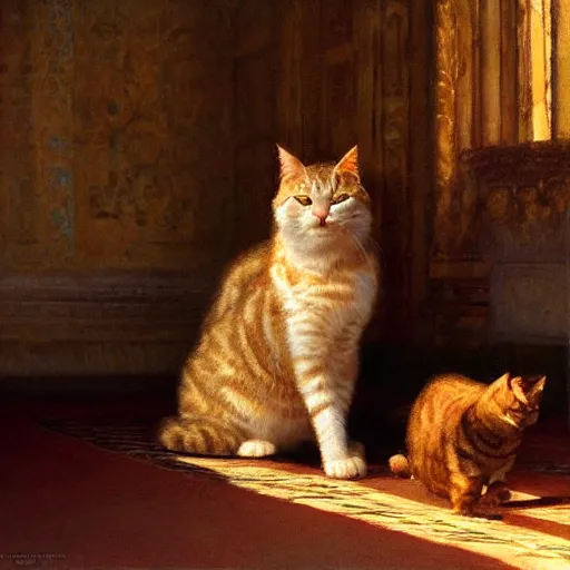 Prompt: detailed portrait of garfield the cat in royal palace, spring light, painting by gaston bussiere, craig mullins, j. c. leyendecker