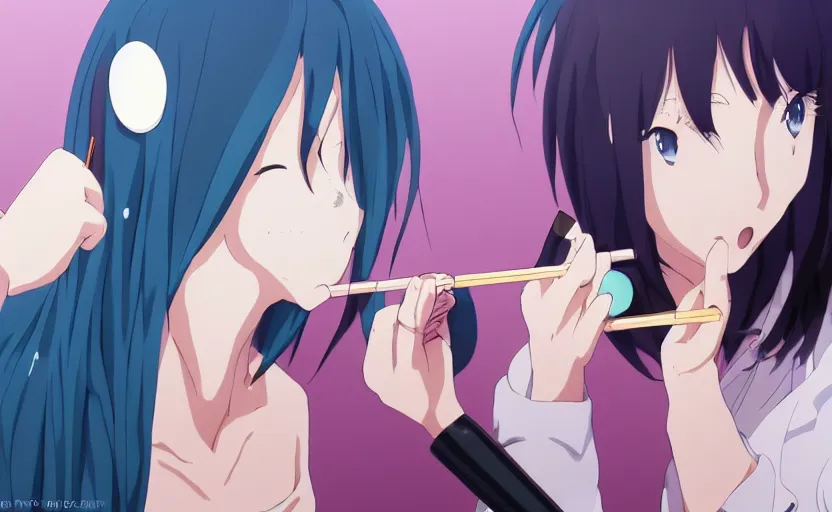 Prompt: An anime girl putting on makeup, the colors making her eyes pop, anime scene by Makoto Shinkai, digital art