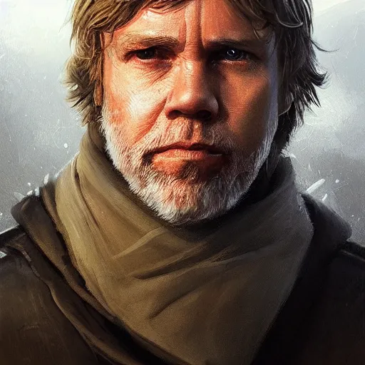 Image similar to portrait of a man by Greg Rutkowski, Commander Luke Skywalker from Star Wars Expanded Universe, he is about 60 years old, beard, wearing tactical gear of the Galactic Alliance, highly detailed portrait, digital painting, artstation, concept art, smooth, sharp foccus ilustration, Artstation HQ