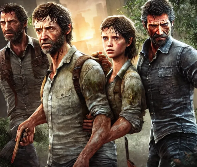 Image similar to hugh jackman as joel from the last of us standing with millie bobby brown as ellie, character concept art, hyperrealistic, detailed, accurate illustration, dramatic lighting