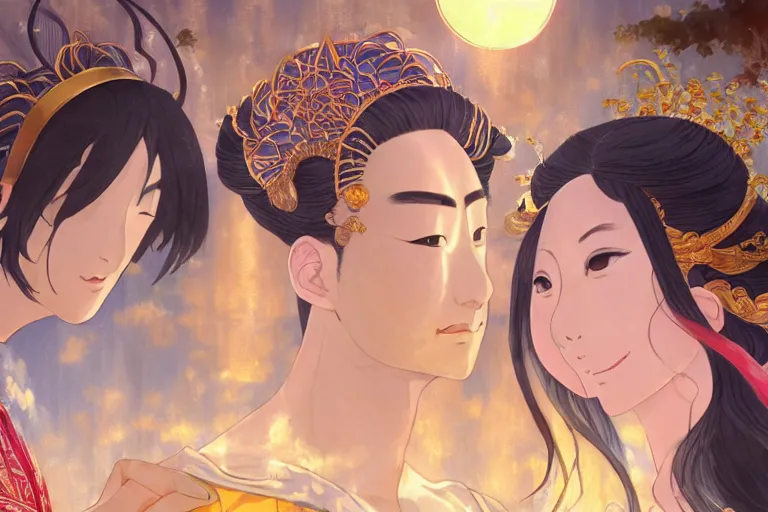 Image similar to close up moment of a divine a japan sun god and a moon goddess lovers magician at a wedding banquet, highly detailed, genshin, fantasy, 4 k realistic, digital painting, trending on artstation, concept art, sharp focus, illustration, art by makoto shinkai and akihiko yoshida and daniel gerhartz