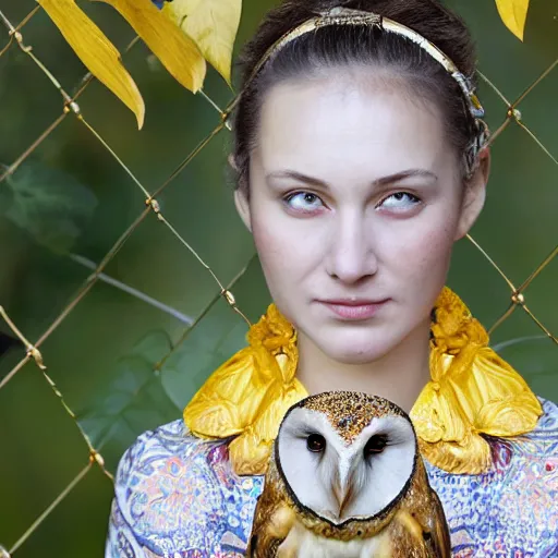 Image similar to portrait photograph of an extremely beautiful!!!! young female , symmetric face!, symmetric round detailed eyes!!, slight smile, natural light, wearing a yellow kimono!! with a very detailed barn owl! on her shoulder in a tropical greenhouse. looking at the camera!!. golden crown made of golden leaves. super resolution. Extremely detailed. Graflex camera!, bokeh!!!!! trending on artstation.