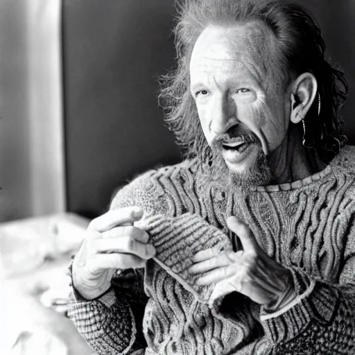 Image similar to Diamond Dallas Page knitting, candid photograph by Annie Leibovitz