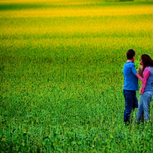 Image similar to A person meeting another person above a van Gogh style field while both person are surrounded by a colourfull wind around their chests, dream, 40nm lens, shallow depth of field, split lighting, 4k,