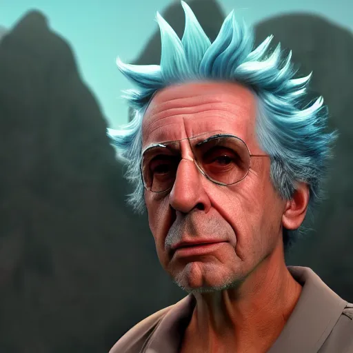 Prompt: portrait of real life rick sanchez. photo realism. dramatic lighting. alien planet background. 4 k