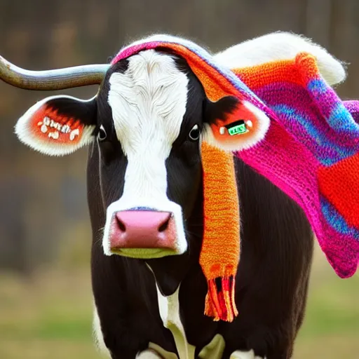 Image similar to a cow knitting a scarf