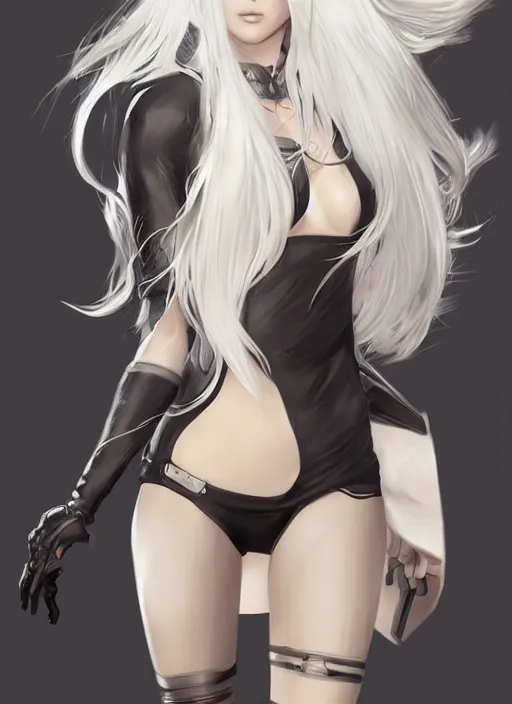 Prompt: A2 from nier automata, long white hair, slim build, fair skin, dynamic pose, smooth, high detailed, artstation, digital illustration, splash art, fanart by artgerm