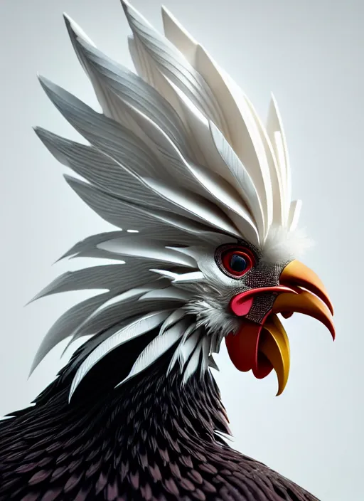 Image similar to hyper detailed ultra sharp portrait of a beautiful fashionable porcelain ivory cyberpunk scifi rooster, well contoured smooth colorful feathers, up close shot, sharp focus, global illumination, radiant light, black haute couture, alexandre ferra, irakli nadar, octane render, 4 k, ultra hd,