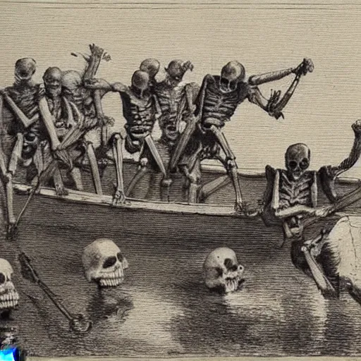 Image similar to action scene : an army of skeletons rising from the warter, climbiong on top of a rowing boat on which two suited gentleman stand. one of the gentleman raises his arm, channeling a blinging light, by alfred stevens, charcoal