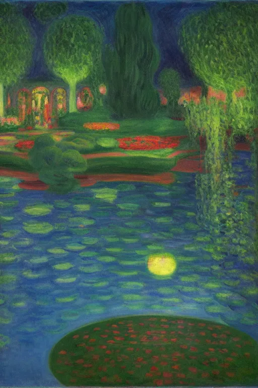 Prompt: cinematic aerial view of decorated surrealist lake garden at night by Edward Hopper and Claude Monet, garden lit by floating shoji lamps, Japanese 1920s art deco backyard design, the moon reflects in the water, the moon casts long exaggerated shadows, blue hour, impressionst oil painting on wood, big impressionist oil paint strokes, aerial view