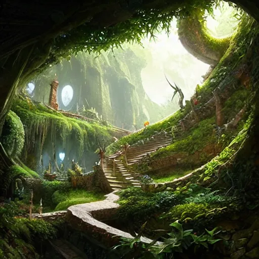 Image similar to worm's eye view of a elven headquarters carved inside a mountain above a lush garden, neatly trimmed vegetation, magical, natural light, fantasy, sharp focus, concept art, by greg rutkowski and craig mullins, cozy atmospheric