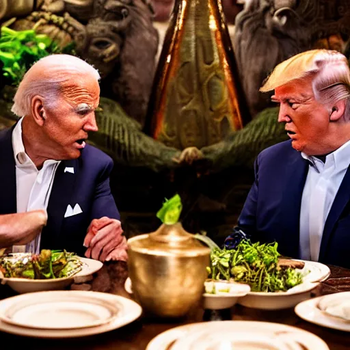 Image similar to Trump and Biden having dinner at a fancy Balinese restaurant, award winning photography, 85mm, perfect faces