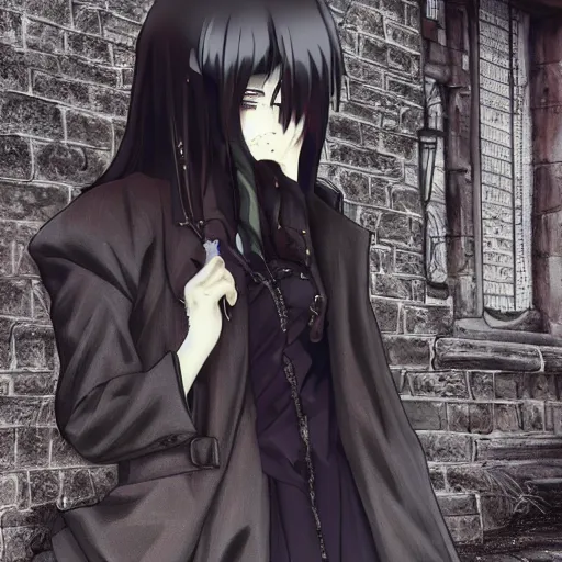 Image similar to 1 7 - year - old anime goth girl, black hair, long bob cut, long bangs, gothic coat, long bangs, united kingdom, rainy day, small town, midlands, english village, street scene, ultra - realistic, sharp details, cold lighting, blue and gray colors, intricate details, subsurface scattering, hd anime, 2 0 1 9 anime