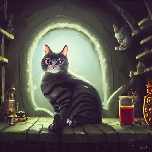 Prompt: Oil Painting of Cat, Anthropomorphized, evil grin, brewing potion in witch Hut, magic the gathering artwork, horror, D&D, fantasy, cinematic lighting, centered, symmetrical, highly detailed, digital painting, artstation, concept art, smooth, sharp focus, illustration, volumetric lighting, epic Composition, 8k, art by Akihiko Yoshida and Greg Rutkowski and Craig Mullins, oil painting, cgsociety