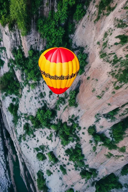 Prompt: cinematic hairy tiger attached to a large open balloon parachute jumping from a mountain cliff. photo captured by a drone. wide angles lens. epic