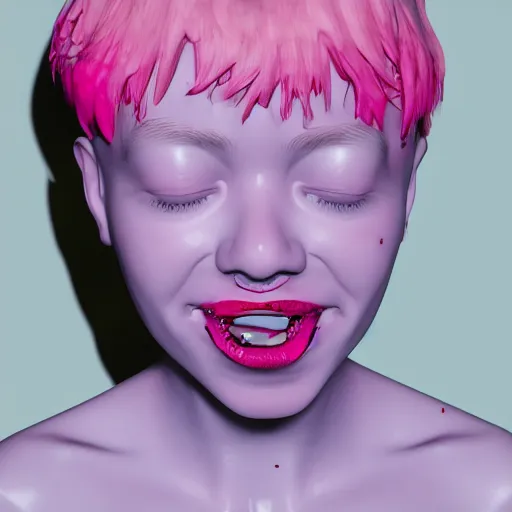 Image similar to born again christian tiktok influencer eating melting crayons and winking to their followers, in the style of james jean, artstation trending, 8 k, 3 d render, photorealistic, volumetric lighting caustics, pink