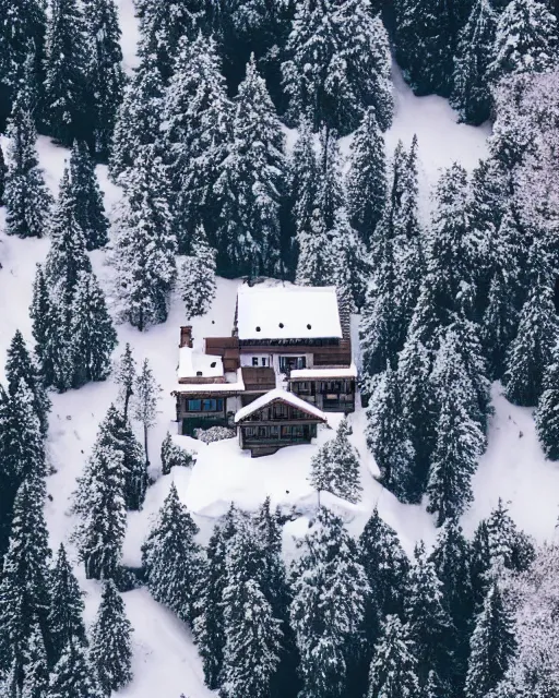 Prompt: hidden mansion in the alps with snow covered roof set on fire, zoomed out, shot from drone, iphone capture