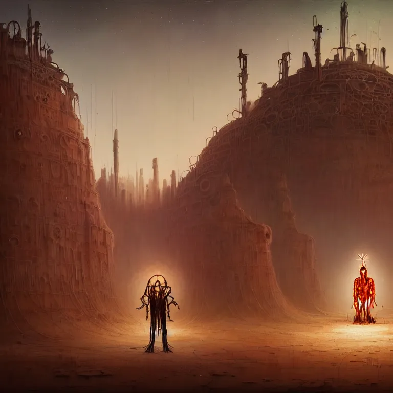 Prompt: A techno-magical male-shaman in shamanistic robes performs a ritual to resurrect a mechanical horse in a huge steel ancient ruins covered of dunes of sand. Art by Finnian MacManus, Simon Stalenhag. Masterpiece, fantasy art, cinematic, hyperdetailed, sigils, photorealistic, cyberpunk, postapocalyptic, steampunk, hyperrealism, octane render, 8k