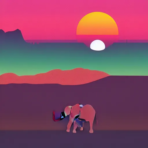 Image similar to a heroic elephant watching yesterday's sunset over the mountains in the style of synthwave