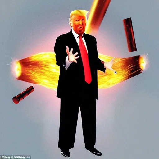 Image similar to Donald Trump shoots plasma beams out of his nanotech cybernetic arm, a plate on his arm slides back to reveal the mechanical workings on the inside