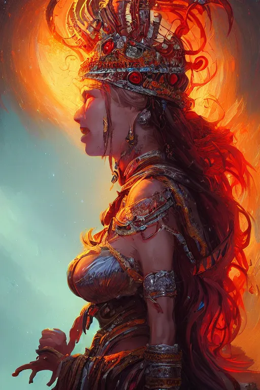 Image similar to beautiful ageless goddess of fire wearing an elaborate costume and headdress, grimdark fantasy, detailed matte painting by Brom and Alena Aenami and Peter Mohrbacher, bokeh, Artstation