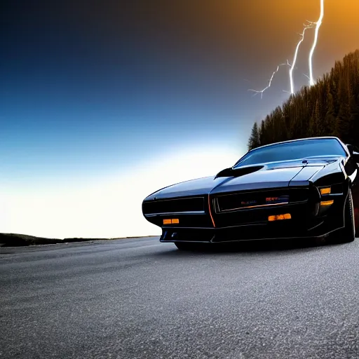 Image similar to black pontiac firebird trans - am driving towards the camera, mountain, valley, breathtaking mountains, lake, dynamic, sunrise, cinematic, motionblur, sunbeams, volumetric lighting, wide shot, low angle, mind flayer, lightning